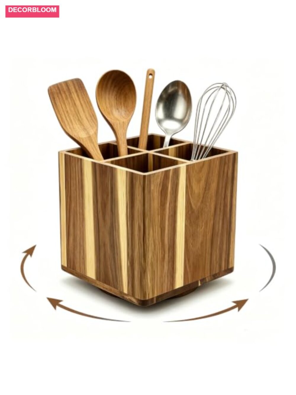 Acacia Wood Rotating Utensil Holder 4 Compartments Non-Slip Base